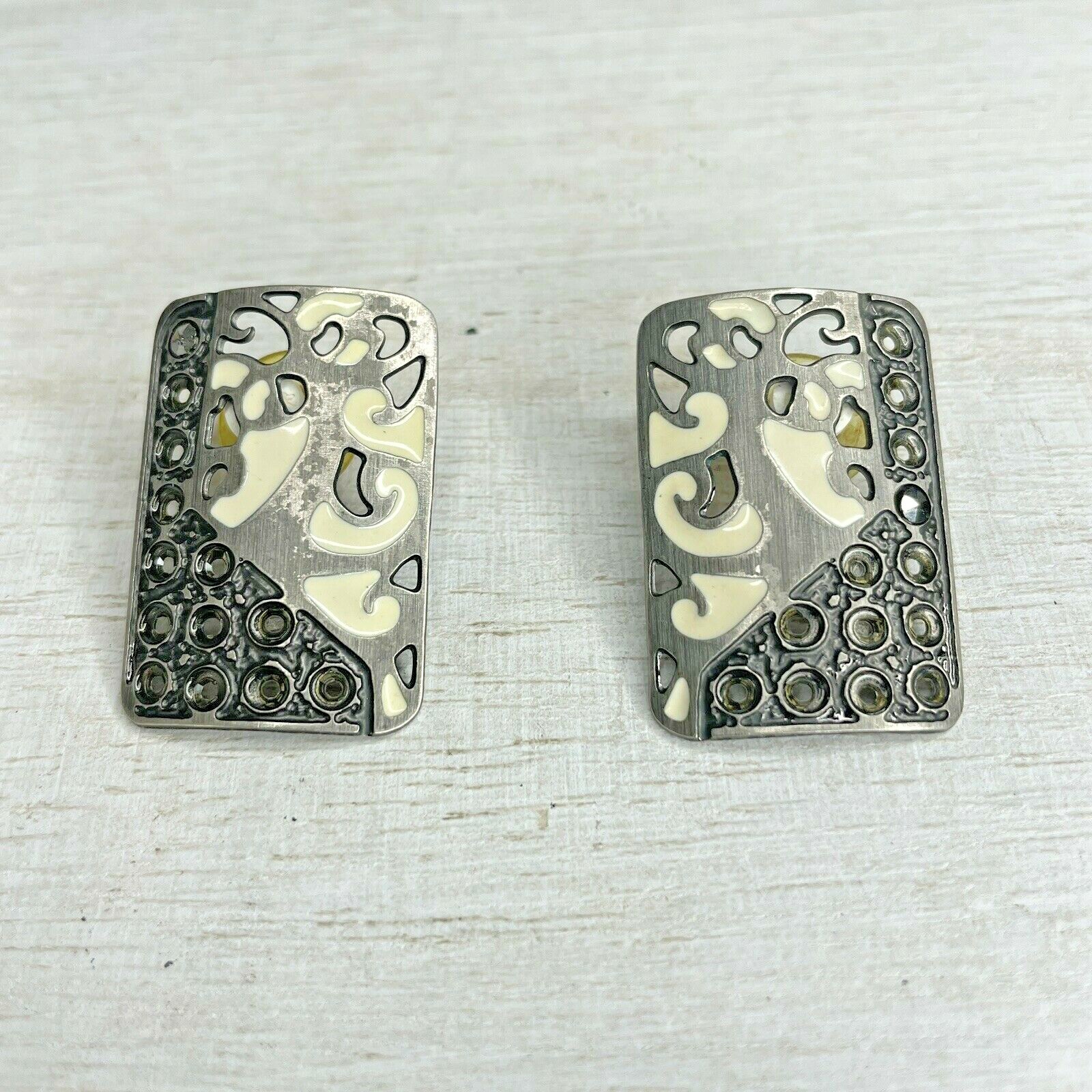 Rectangle White Enamel Crystal Scroll Stud Earrin… - image 2