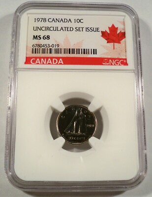 1978 10c NGC MS68 CANADA DIME BLUENOSE UNCRICULATED MINT SET ISSUE