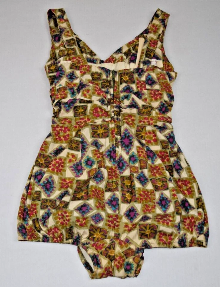 Vintage Swimsuit Rose Marie Reid Size 12/34 S/M 50s Blue Patch Watercolor Rouch - Image 2 of 4