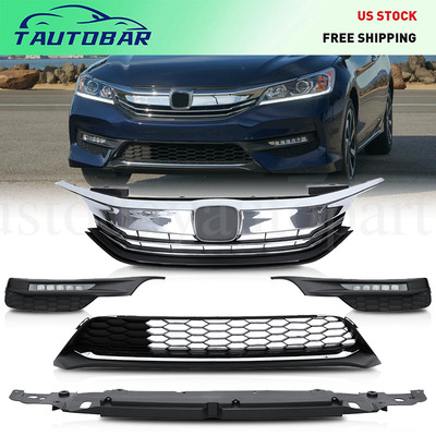 For 16 17 Honda Accord Front Bumper Upper Lower Grille Engine Cover Fog Lights