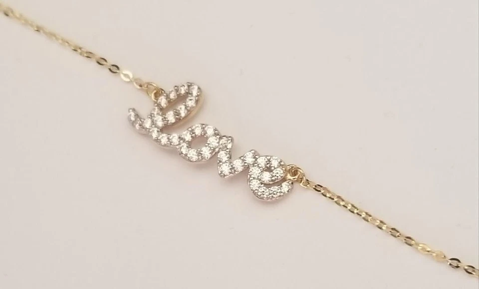 Pulsera tobillera de oro amarillo sólido real de 14k Love-Calcetín de Amor-CZ Piedra blanca Foto 4 de 4