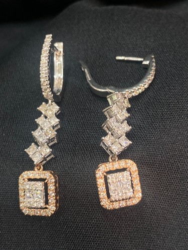 1.80 Cts Round Brilliant Cut Natural Diamonds Dangle Earrings 14K Two-Tone Gold - Picture 10 of 15