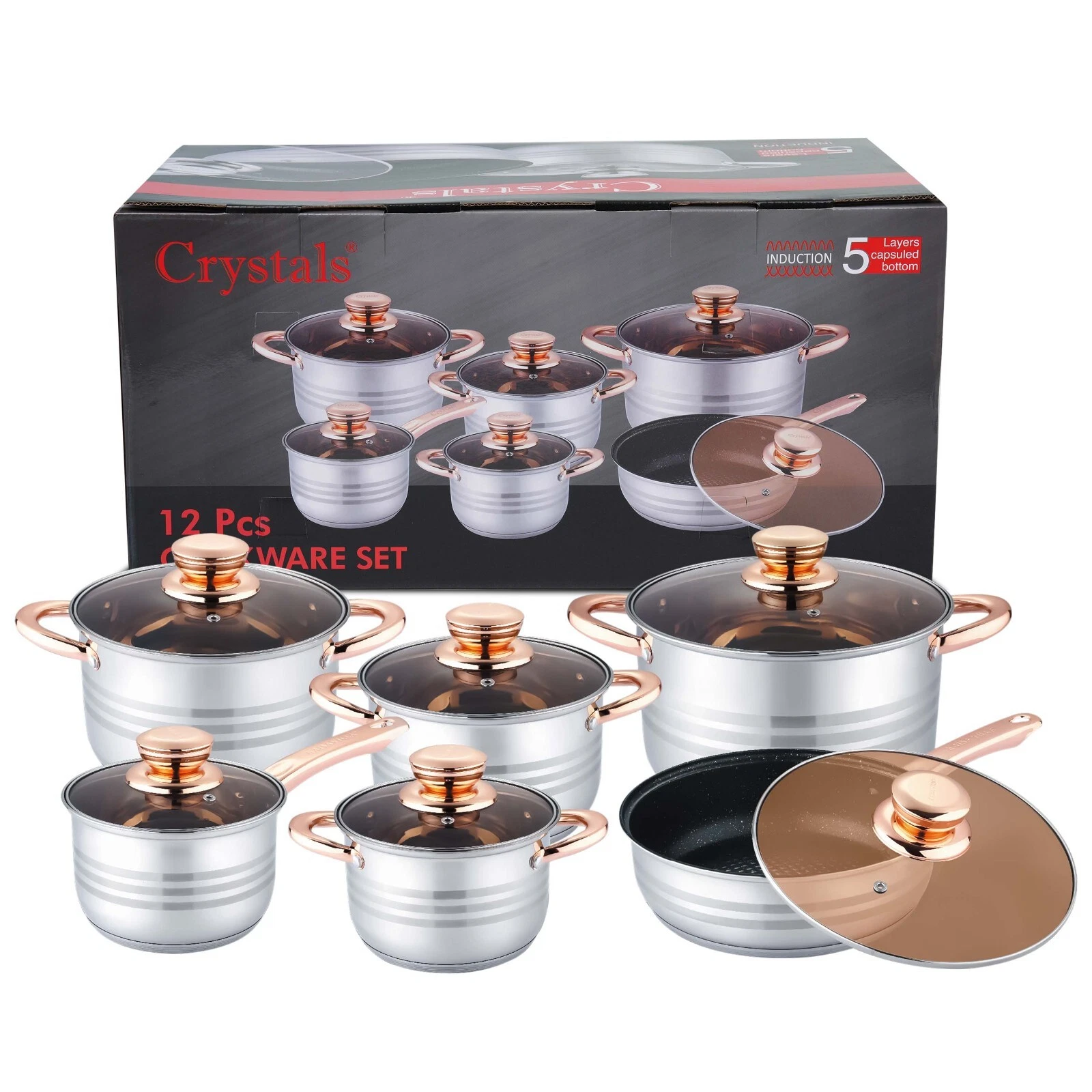 12Pcs Stainless Steel Cookware Set Casserole Stockpot Pot Hob With Glass Lids
Opens in a new window
