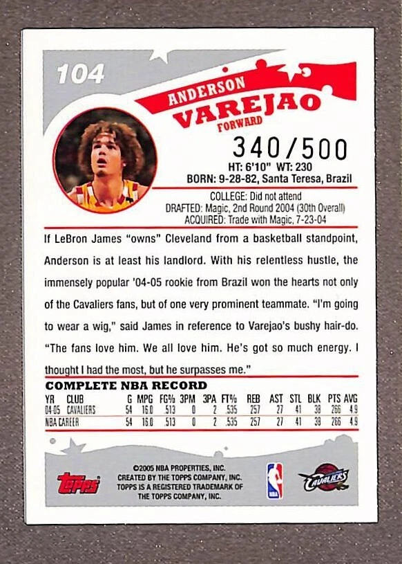 2005-06 Topps #104 Anderson Varejao Black Parallel SP #/500 - Cavaliers Foto 2 de 3