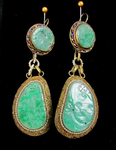Antiq Chinese Jade Gold Gilded 925 Silver Filigree Drop LeverBack Earrings 3.5"L - Picture 9 of 15