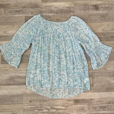 Counterparts Blue Floral Lightweight Smocked Blouse Size XL 3/4 Sleeve S40