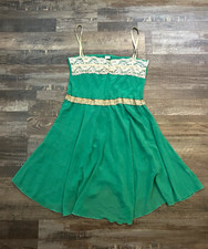 Vintage Lani Green A-Line Dress Square Neck Spaghetti Straps Lace Trim Size L