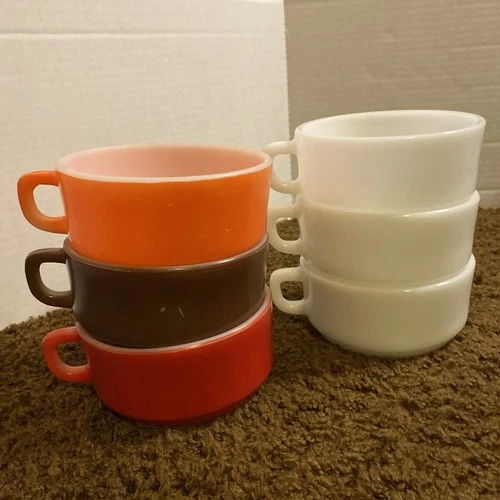VTG Fire King Soup Mug Bowl Anchor Hocking 5” D Handle Stackable Set Of 6 LOT