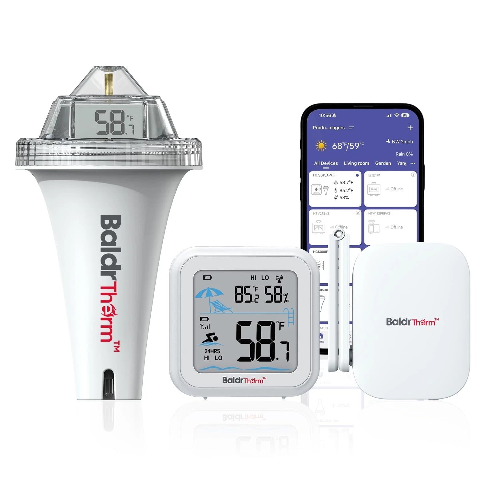 BaldrTherm Smart Pool Thermometer with WiFi Gateway, Digital Floating Anti-Fo...