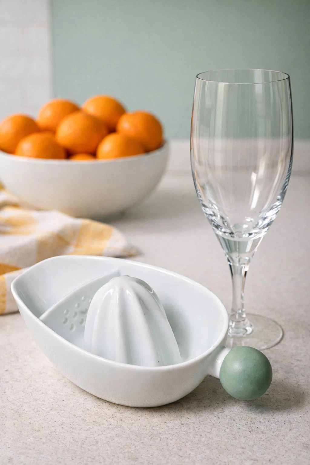 Ceramic White Vintage Citrus Juicer With Teal Ball Handle Kitchenware