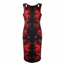 T Tahari Red Black Floral Print Sheath Sleeveless Cocktail Dress Size Medium
