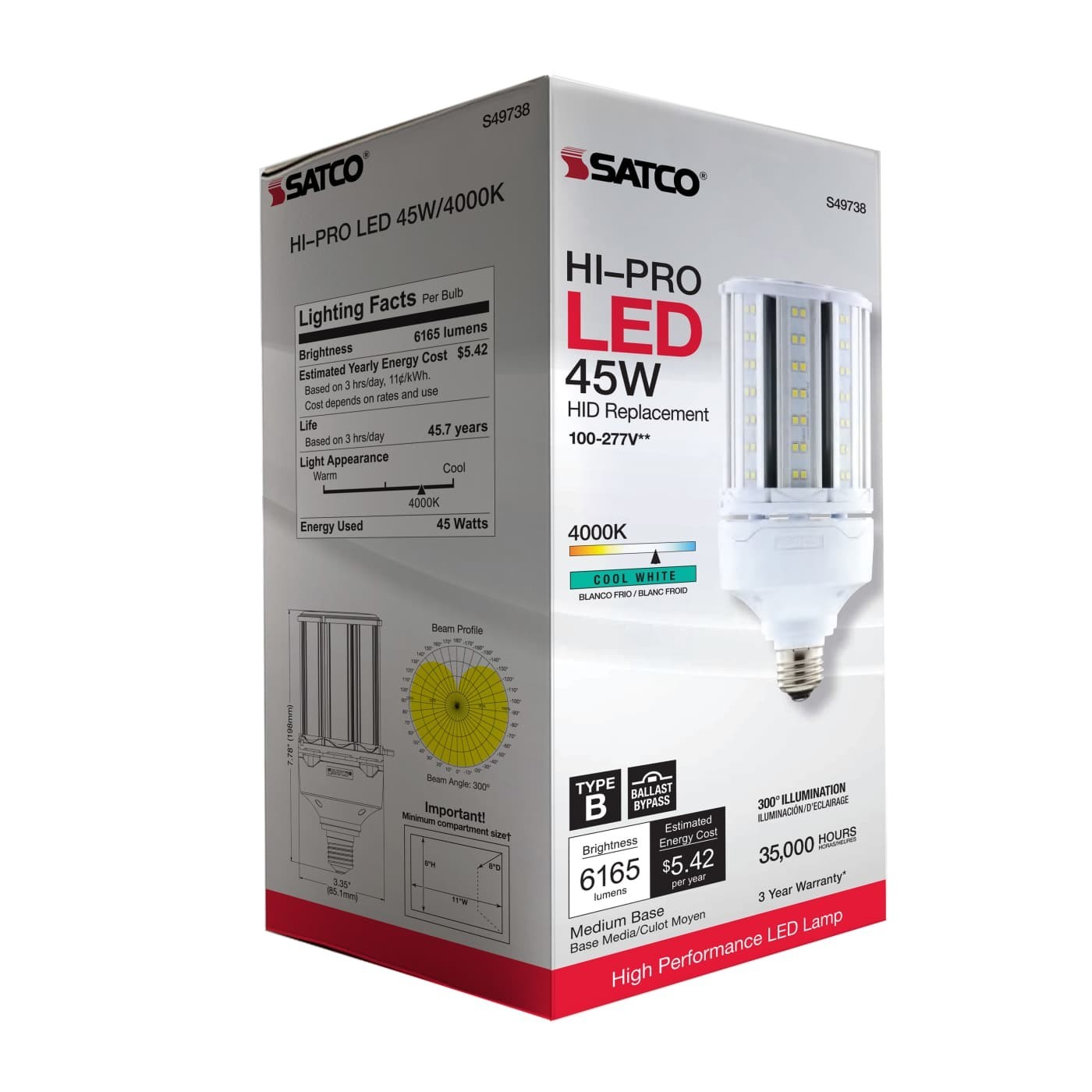 Satco S49738 - 45 Watt LED HID CornCob Replacement - 4000K (1, 2, or 6 Pack)