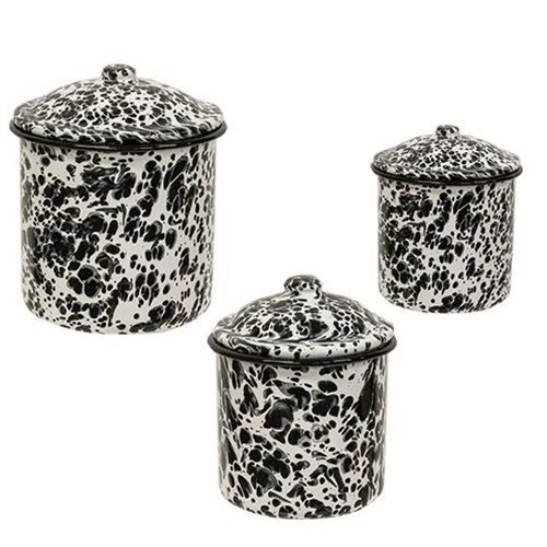 New Farmhouse BLACK WHITE SPATTER ENAMEL CANISTER SET Coffee Tea Sugar 3pc