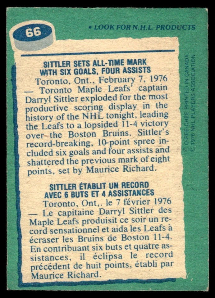 1976-77 O-Pee-Chee Darryl Sittler Toronto Maple Leafs #66 - Image 2 of 2
