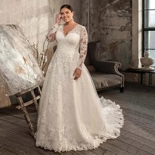 Plus Size A-Line Wedding Dresses V-Neck Long Sleeves Lace Appliques Bridal Gowns