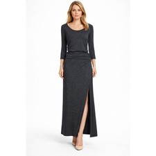 Charcoal Gray Ruched Maxi Dress 3/4 Sleeve Scoop Neck Side Slit Jersey Knit