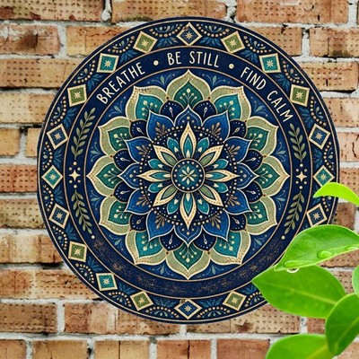 Mandala Flower Green and Gold Pattern Metal Tin Plaque 8x8
