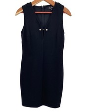 Lulus Mini Dress M Black Ponte Knit Bodycon Sexy Pinup Pearl Deep V Party Club
