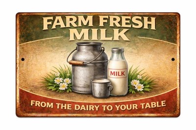 Farm Fresh Milk Metal Tin Sign Rustic Farmhouse Kitchen Country Wall Decor 8x12