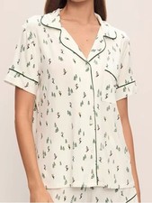 Eberjey Gisele short sleeve pajama top Ski Chalet Ivory/Pine alpine skier NEW