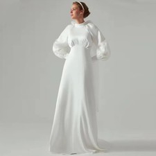 Wedding Dresses Long Sleeves A-Line Muslim Bride Dress Bow Pleat Satin Gown