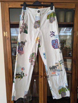 Bimba y Lola Graphic Design White Corduroy Straight-leg Trousers size 8 VGC