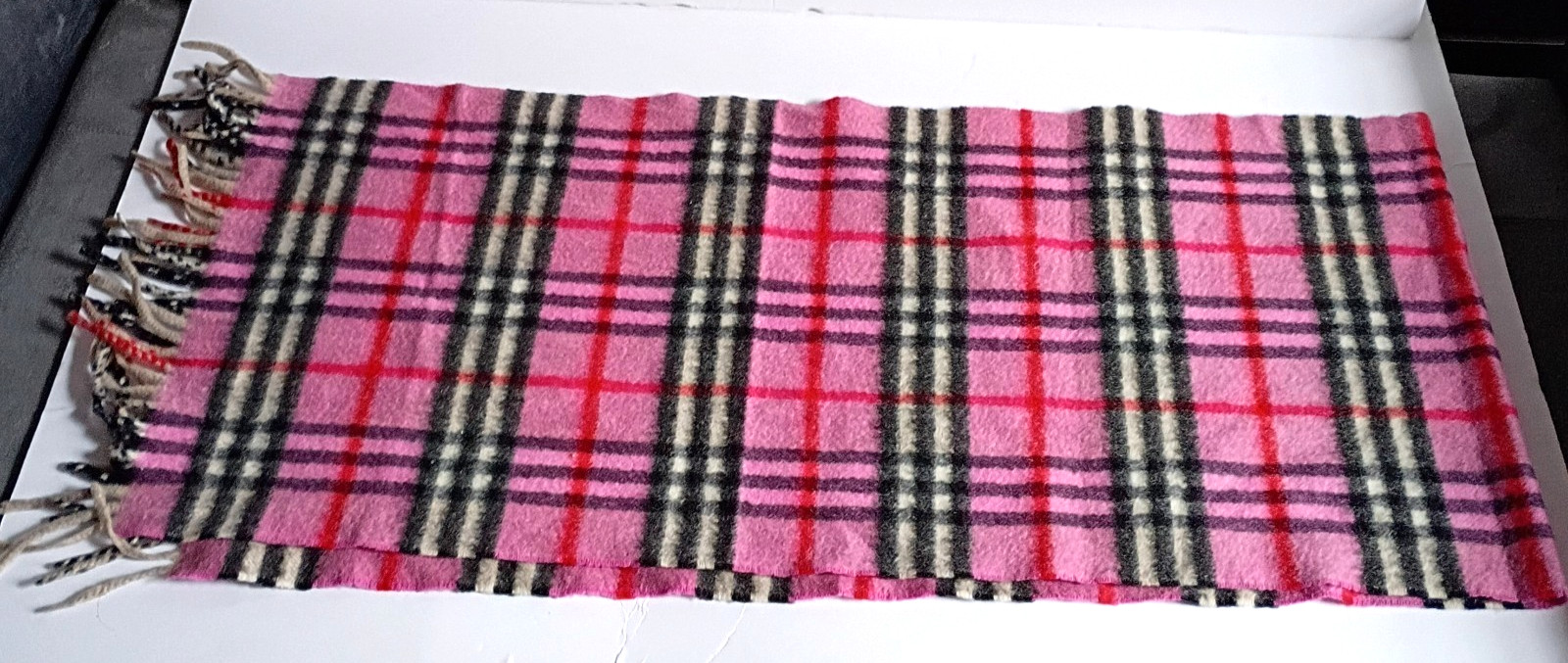 Burberry Cashmere Pink Plaid Scarf with Fringe, Black White Red Accent