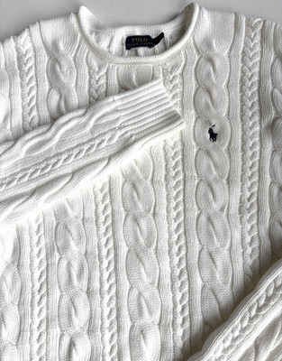 Polo Ralph Lauren Men's Logo White Fisherman Cable Knit Sweater Size Medium