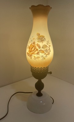 Vintage Milk Glass Hurricane Table Lamp Floral Chimney Shade Ruffled Top