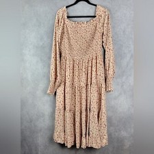 Aura size L Floral Midi  dress smocked fit & flare long sleeve Romantic Fluence