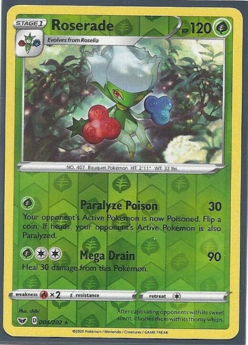RARE ROSERADE +2 ROSELIA ALL REV HOLO -3 EVO SWORD SHIELDS Pokemon Cards NM/M - 第 2/2 張圖片