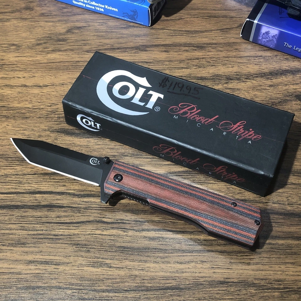 Lote de 5 cuchillos plegables Colt surtidos rayas de sangre táctico Micarta lavado a la piedra Foto 3 de 4