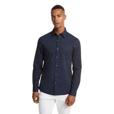 Michael Kors Mens Slim-Fit Stretch-Cotton Button Down Dress Shirt Midnight Large