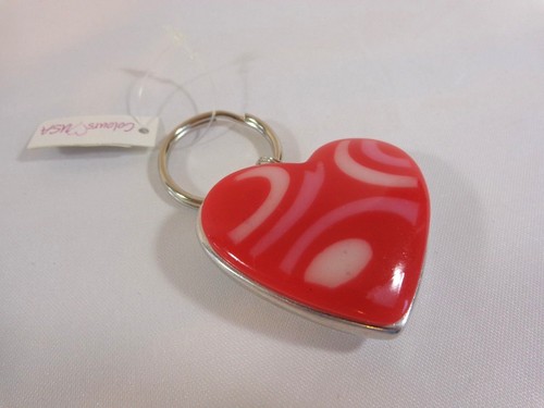 Heart Shaped Key Chain Ring Pink White Silver Metal and Enamel - Picture 7 of 14