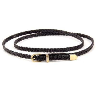 Women Lady Bronze Pin Buckle Slim Belt Faux Leather Braided  display picture 1
