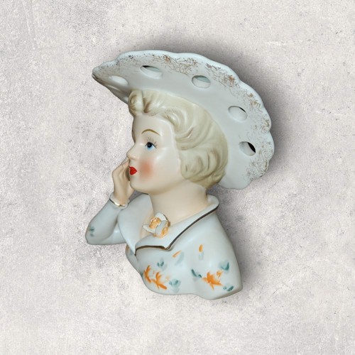 Vtg Leftons 1950s 6" Lady Head Vase w/Roses Wide Hat Floral Dress #3140 Orange - Picture 2 of 10