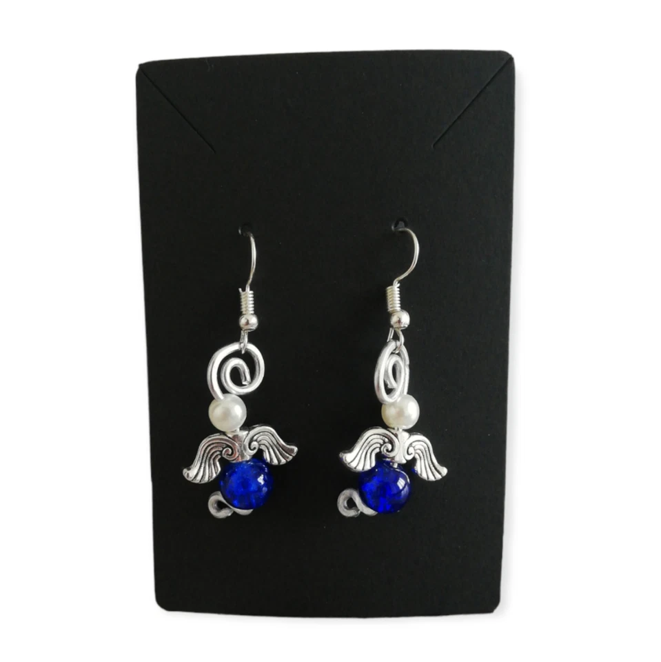 Orecchini angelo spirale alluminio vetro blu argento ali angioletto idea regalo - Immagine 2 di 4
