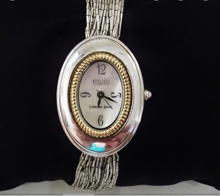 Vintage Ecclissi 925 Mother of Pearl Liquid Silver Womans Watch 32840