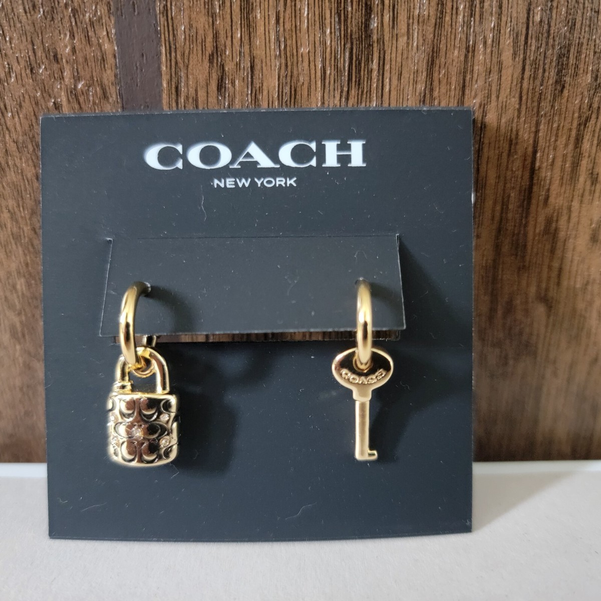 COACH Earrings Signature PADLOCK & KEY Gold Tone Brass Enamel
