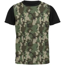 Green Woodland Camo All Over Mens Black Back T Shirt