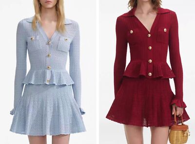 Women Self-Portrait Collared Knit Long Sleeve Mini Dresses