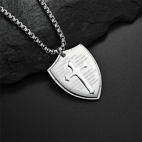 Men Cross Pendant Necklace Stainless Steel Shield Armor of God Ephesians Bible - Picture 3 of 18