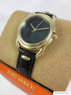 NEW Tory Burch Gold Black Patent Leather Miller Ladies Watch