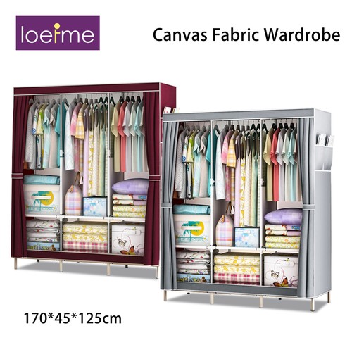 LOEFME Large Canvas Fabric Wardrobe Clothes Storage Cupboard Grey