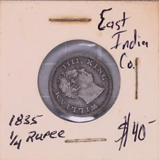 1835 East India Company 1/4 Rupee Silver Coin