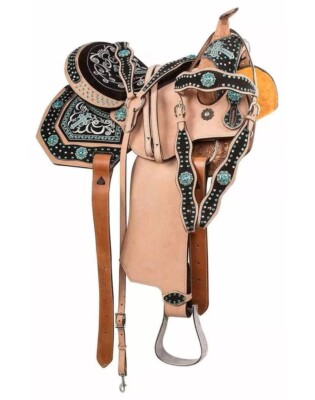 Turquoise Western Horse Barrel Saddle Genuine Leather Tack Set 10''-18'' Free Ship