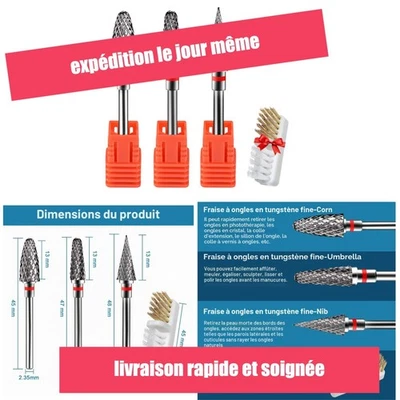 Embouts ponceuse ongles CGBE 3 pièces carbure tungstène 3/32 pouces - Photo 1/4