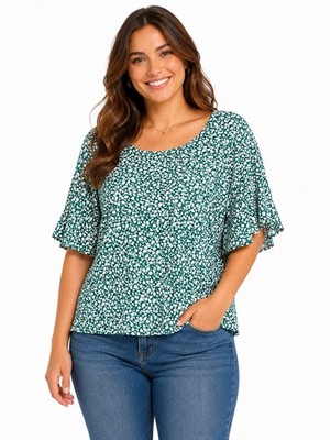 Croft Barrow Womens Green Floral Flutter Sleeve Top Shirt Size L