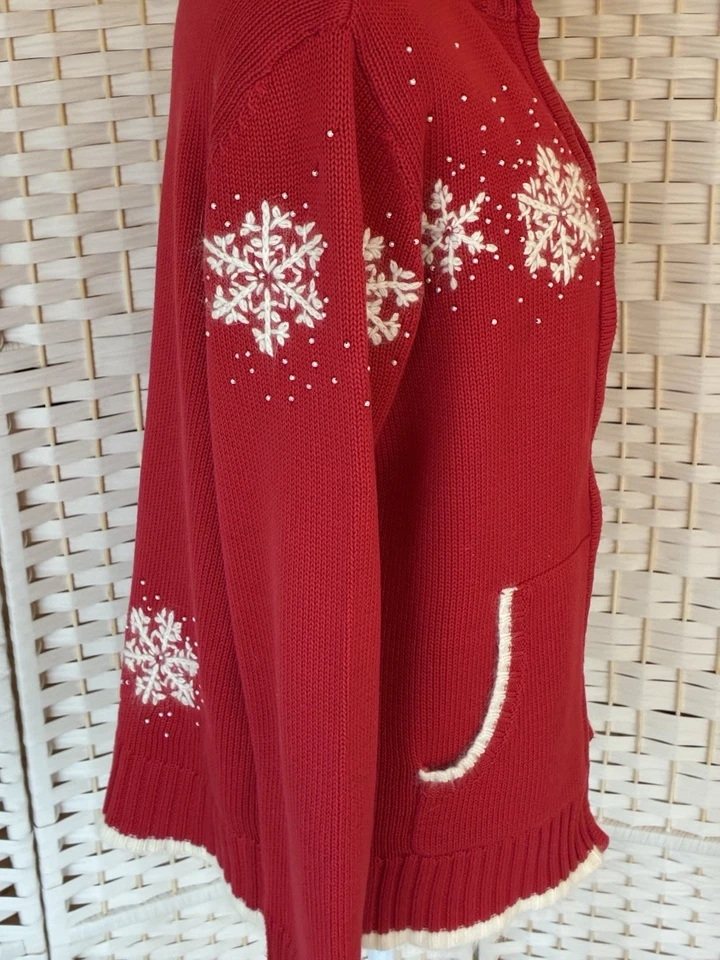Quacker Factory Zip Front Snowflake Tipped Cardigan Sweater Red White Women's M - Image 3 of 4