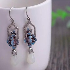 Enamel Color Hollowed Carved Flower Silver Ear Ring Inlaid White Jade Ear Hook